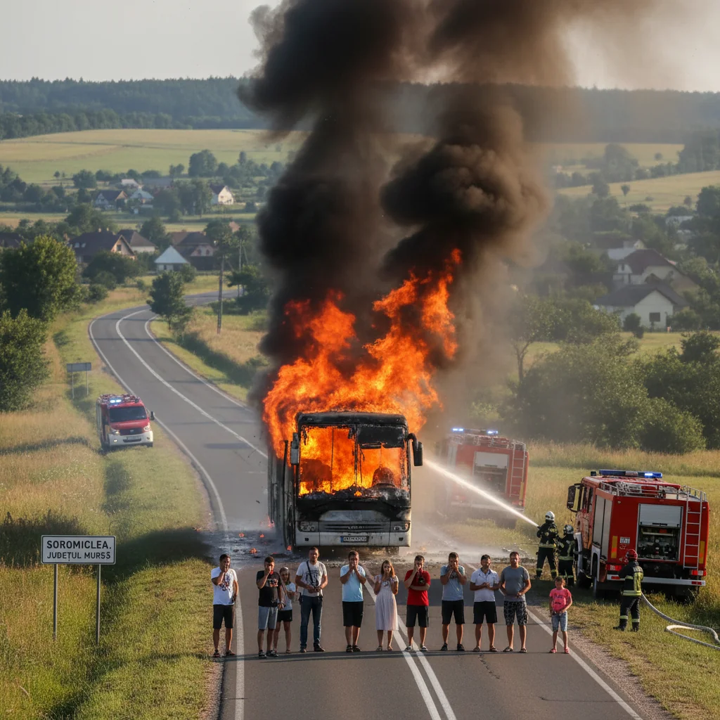 Autocar cu 47 de pasageri, cuprins de flăcări lângă Târgu Mureș, în localitatea Soromiclea