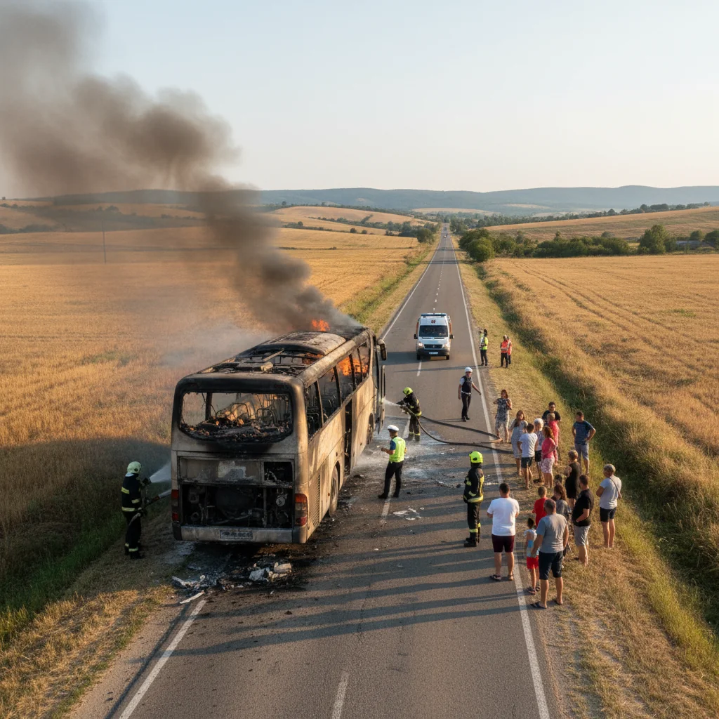 Autocar cu 47 de pasageri cuprins de flăcări lângă Târgu Mureș, la Șoromiclea