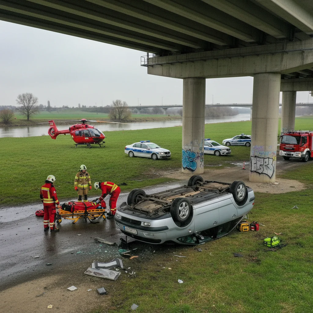 Autoturism răsturnat sub pod, victimă în stare critică cod roșu
