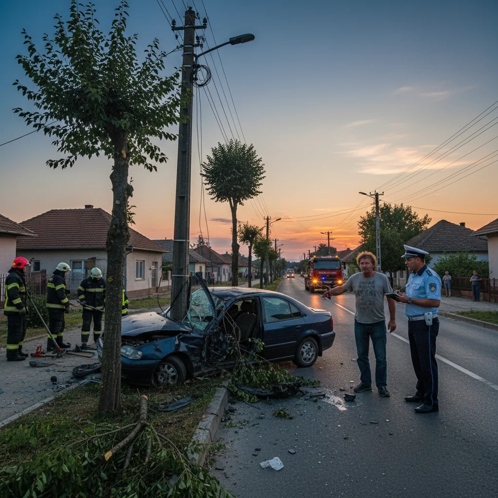 Băut la volan, șoferul a lovit un stâlp și doi copaci – imagini de la fața locului!