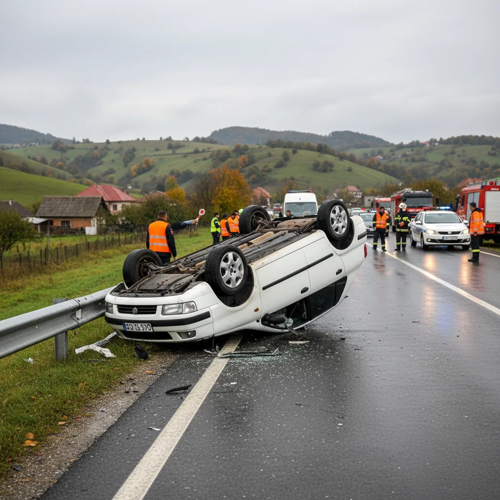 Mașină răsturnată, imagini de la fața locului