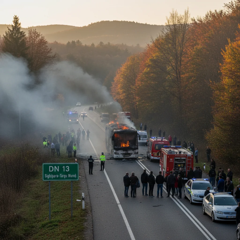 Trafic blocat pe DN 13 lângă Târgu Mureș după incendiu la un autocar